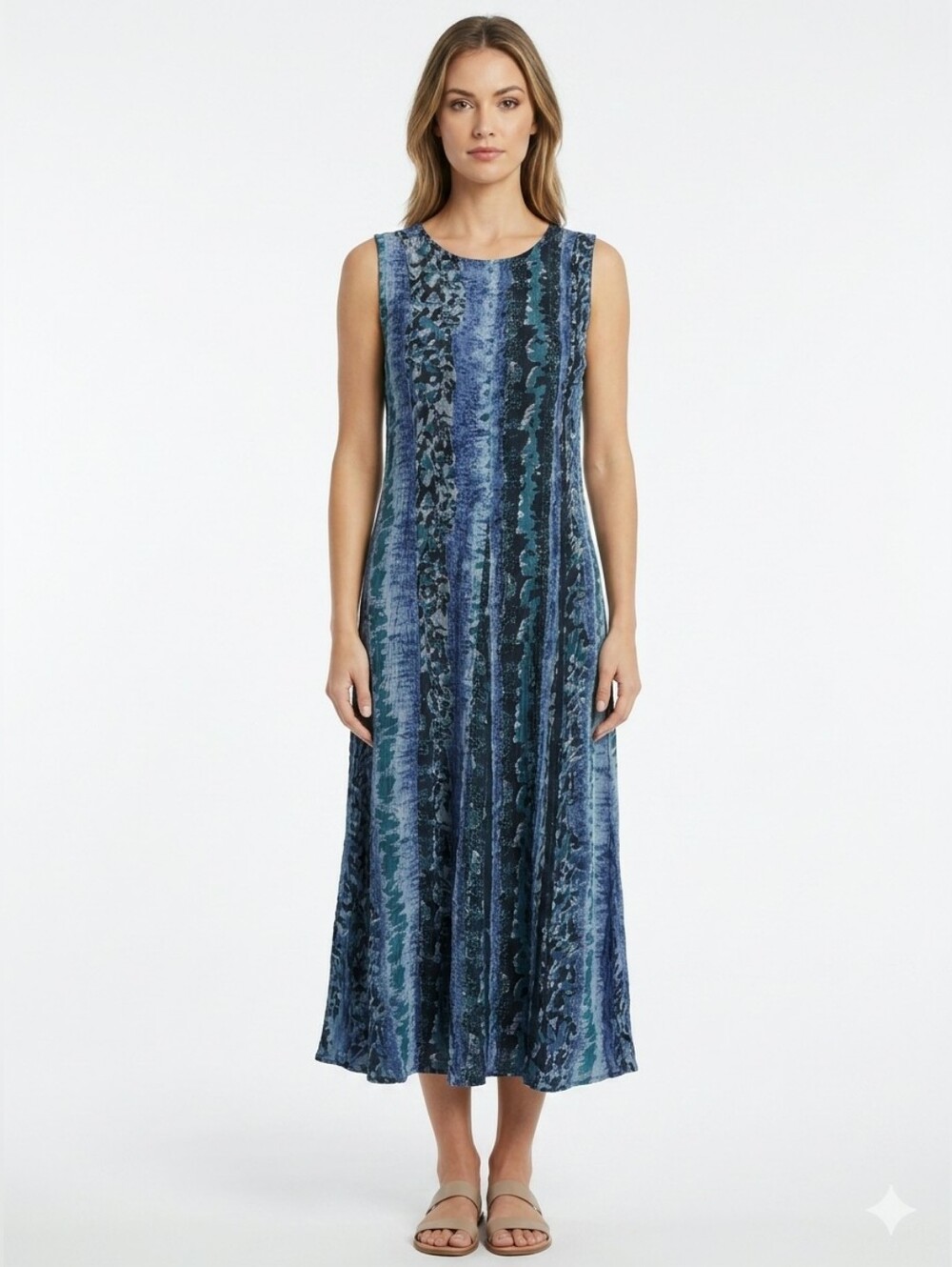 VINTAGE 90s Flowy Bohemian Soft Rayon Dress Blue Black Print M